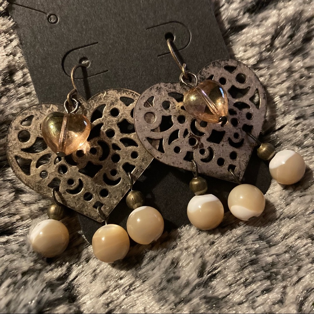 2/$10 Mother of Pearl Brass Heart Earrings w/Glass